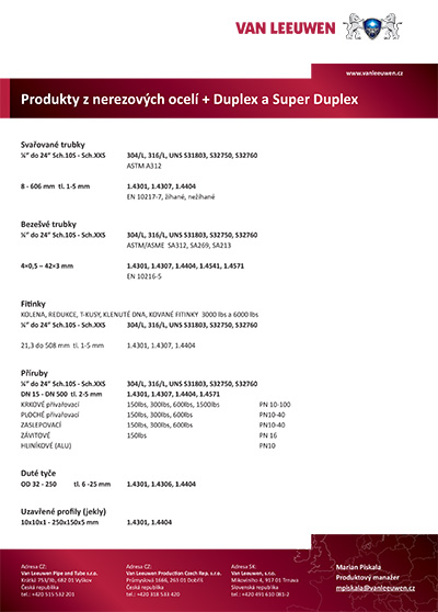 Produkty z nerezových ocelí +  Duplex a Super Duplex